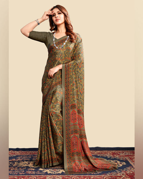 Shadow Green Printed Digital Print Crepe Saree