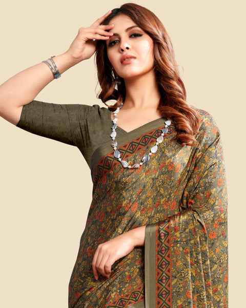 Shadow Green Printed Digital Print Crepe Saree