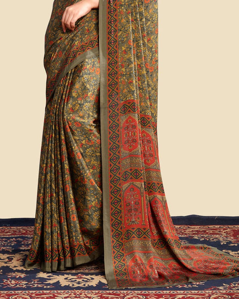 Shadow Green Printed Digital Print Crepe Saree