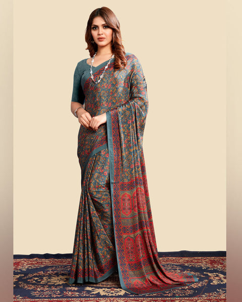Pastel Teal Blue Printed Digital Print Crepe Saree