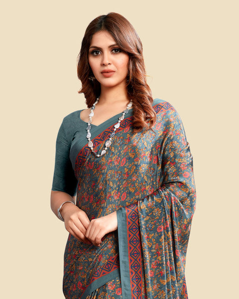 Pastel Teal Blue Printed Digital Print Crepe Saree