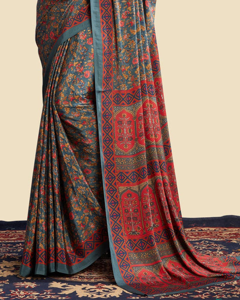 Pastel Teal Blue Printed Digital Print Crepe Saree