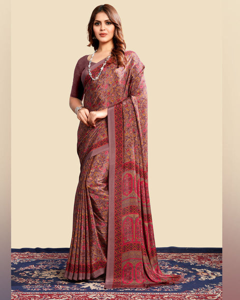 Oyster Pink Printed Digital Print Crepe Saree