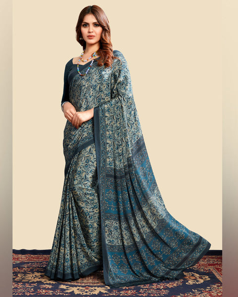 Pweter Blue Printed Digital Print Crepe Saree