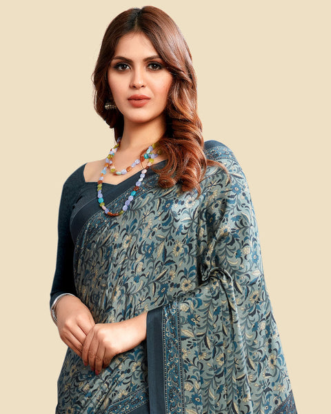 Pweter Blue Printed Digital Print Crepe Saree