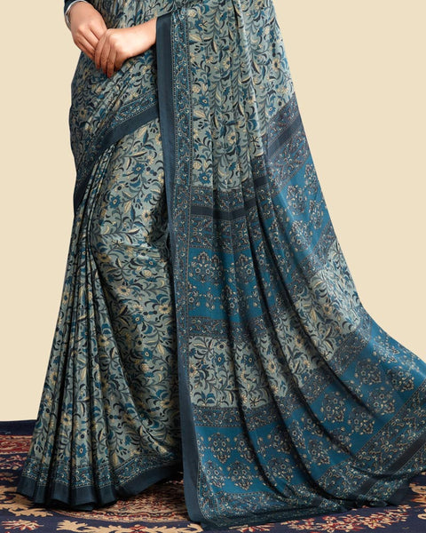 Pweter Blue Printed Digital Print Crepe Saree