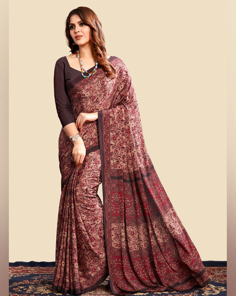 Coffee Brown Printed Digital Print Crepe Saree