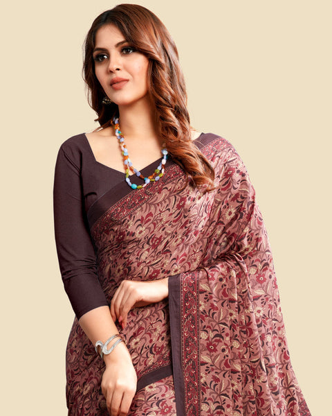 Coffee Brown Printed Digital Print Crepe Saree
