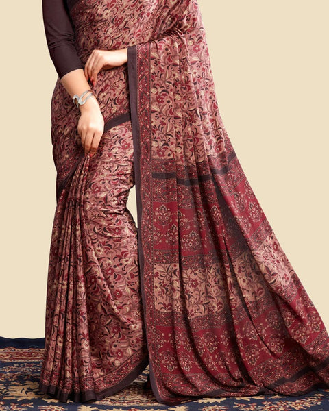 Coffee Brown Printed Digital Print Crepe Saree
