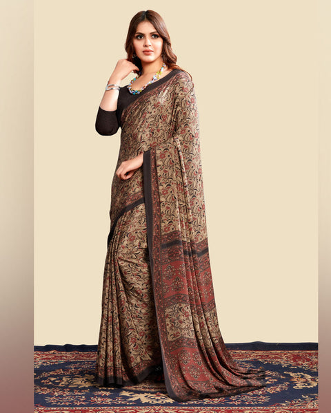 Dark Brown Printed Digital Print Crepe Saree