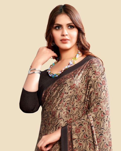 Dark Brown Printed Digital Print Crepe Saree