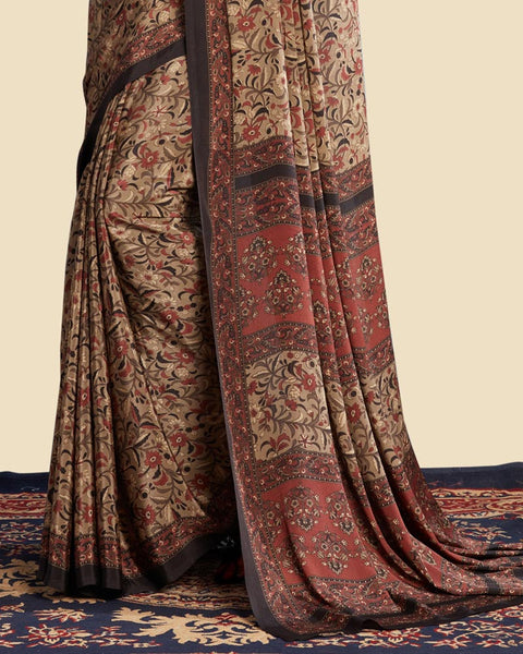 Dark Brown Printed Digital Print Crepe Saree