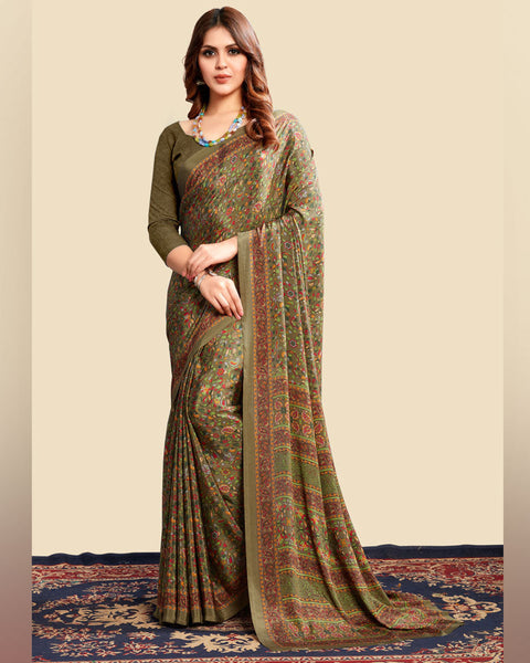 Pastel Olive Printed Digital Print Crepe Saree