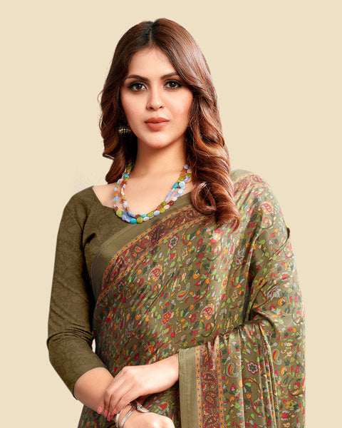 Pastel Olive Printed Digital Print Crepe Saree
