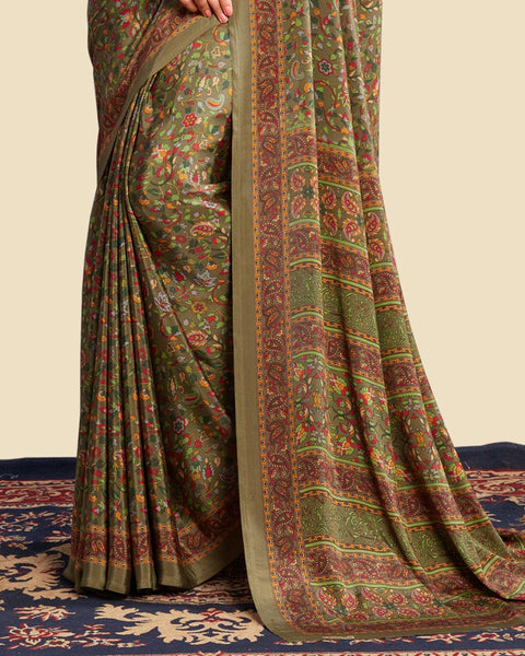 Pastel Olive Printed Digital Print Crepe Saree