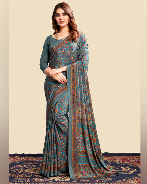 Nandor Blue Printed Digital Print Crepe Saree