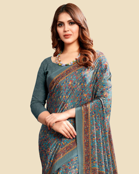 Nandor Blue Printed Digital Print Crepe Saree