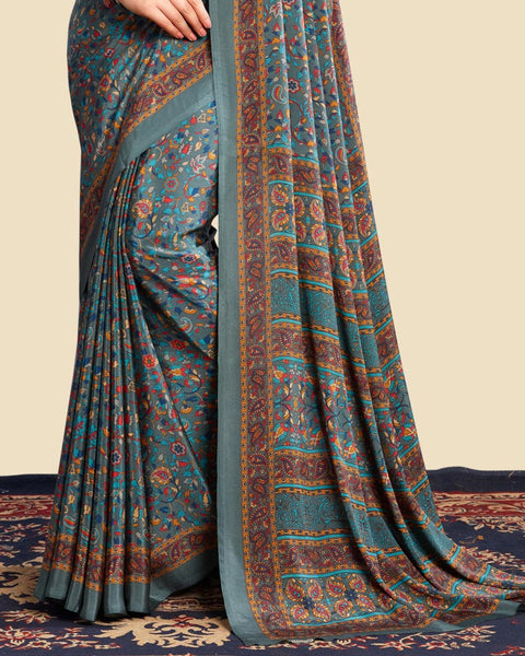 Nandor Blue Printed Digital Print Crepe Saree