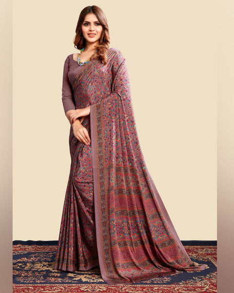 Oyster Pink Printed Digital Print Crepe Saree