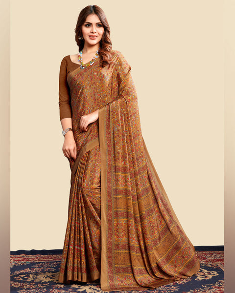 Brown Rust Printed Digital Print Crepe Saree