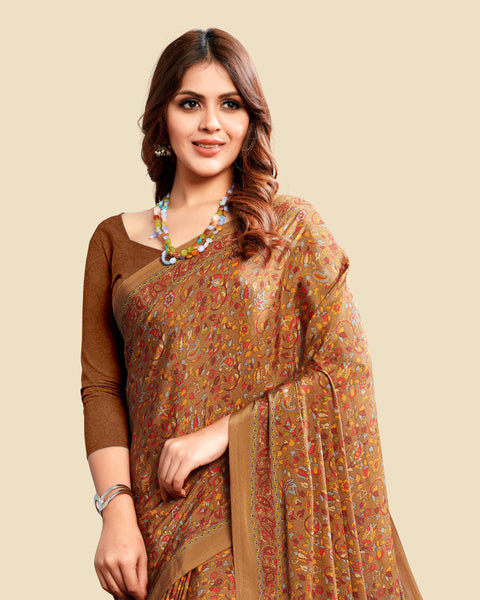 Brown Rust Printed Digital Print Crepe Saree