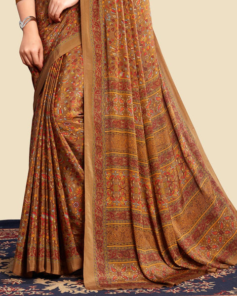 Brown Rust Printed Digital Print Crepe Saree