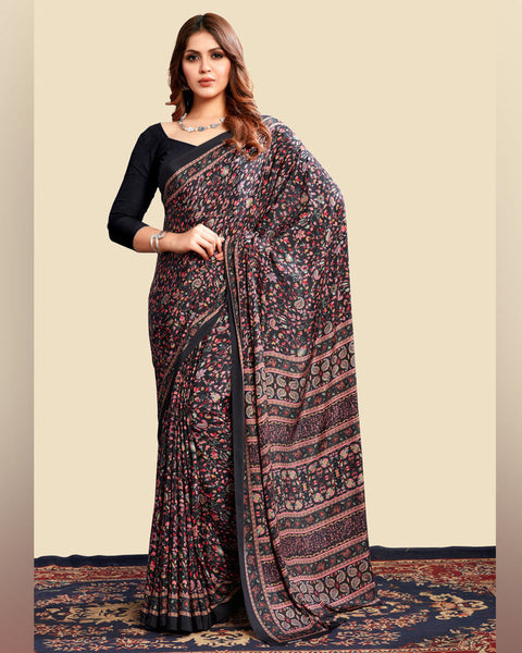 Black Printed Digital Print Crepe Saree