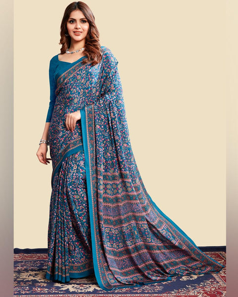 Regal Blue Printed Digital Print Crepe Saree