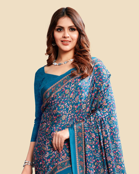 Regal Blue Printed Digital Print Crepe Saree