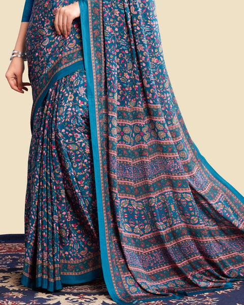 Regal Blue Printed Digital Print Crepe Saree