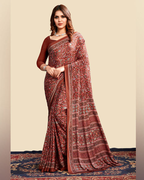 Rusty Brown Printed Digital Print Crepe Saree