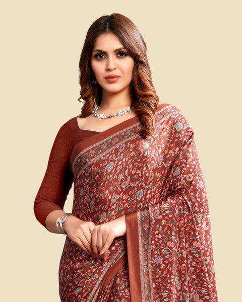 Rusty Brown Printed Digital Print Crepe Saree