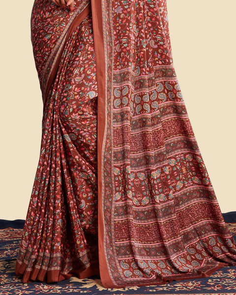 Rusty Brown Printed Digital Print Crepe Saree