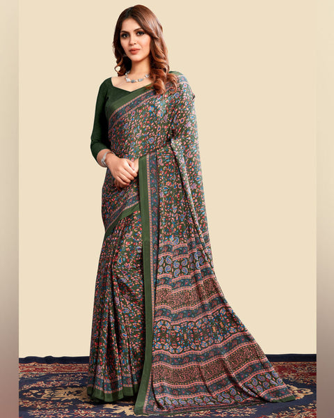 Dark Lunar Green Printed Digital Print Crepe Saree