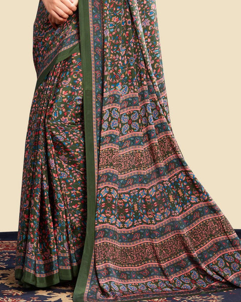 Dark Lunar Green Printed Digital Print Crepe Saree