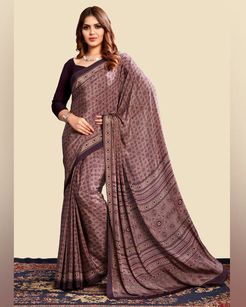 Brownish Purple Printed Digital Print Crepe Saree