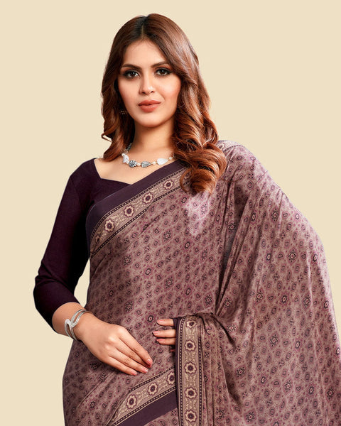 Brownish Purple Printed Digital Print Crepe Saree