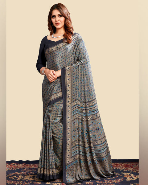 Dusty Grey Printed Digital Print Crepe Saree
