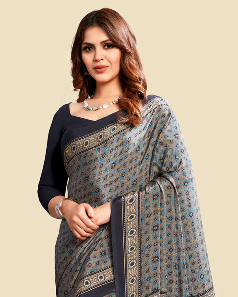 Dusty Grey Printed Digital Print Crepe Saree