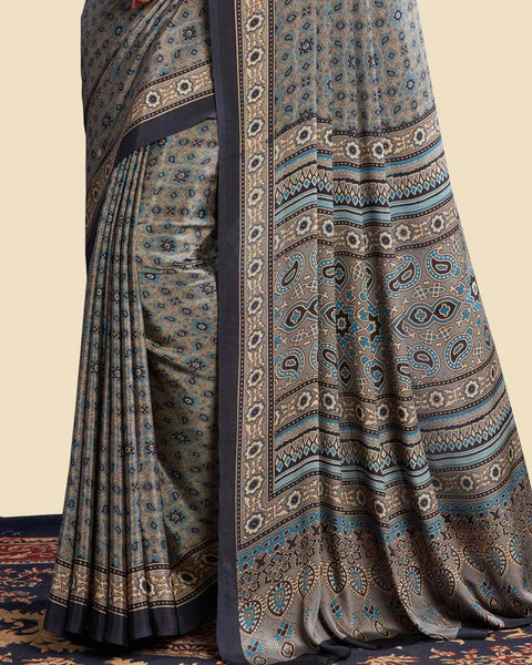 Dusty Grey Printed Digital Print Crepe Saree