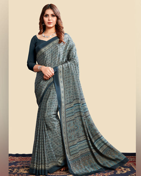 Dusty Blue Printed Digital Print Crepe Saree