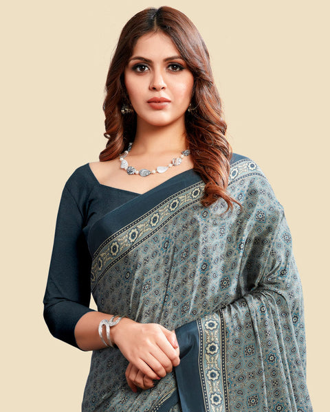 Dusty Blue Printed Digital Print Crepe Saree