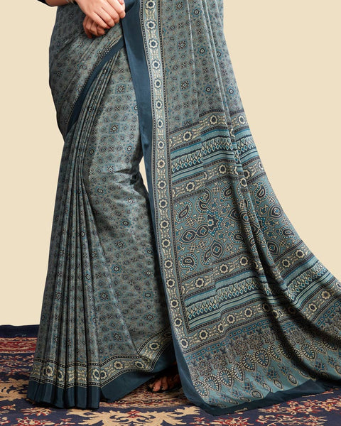 Dusty Blue Printed Digital Print Crepe Saree