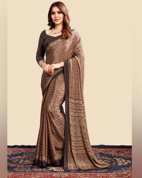 Leather Brown Printed Digital Print Crepe Saree