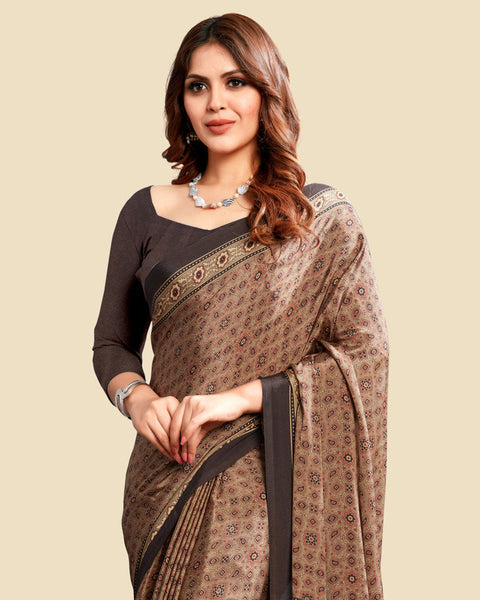 Leather Brown Printed Digital Print Crepe Saree