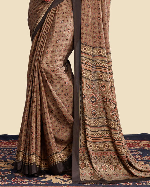 Leather Brown Printed Digital Print Crepe Saree