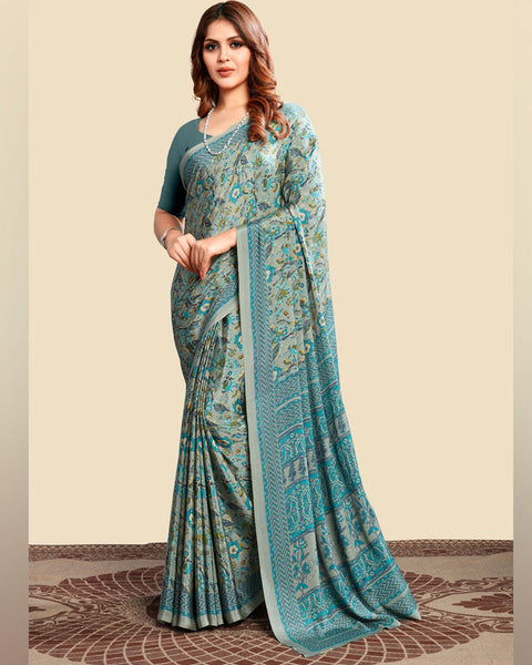Smalt Blue Printed Digital Print Crepe Saree