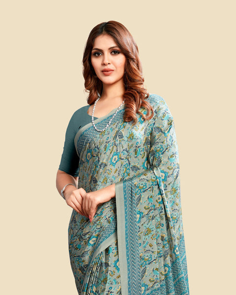 Smalt Blue Printed Digital Print Crepe Saree