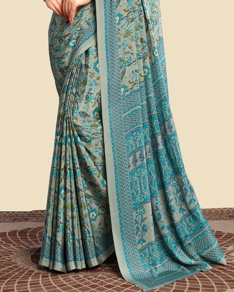Smalt Blue Printed Digital Print Crepe Saree