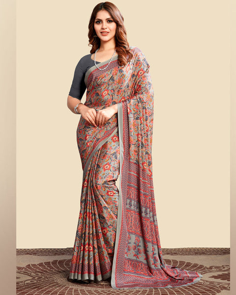Pale Oyster Grey Printed Digital Print Crepe Saree